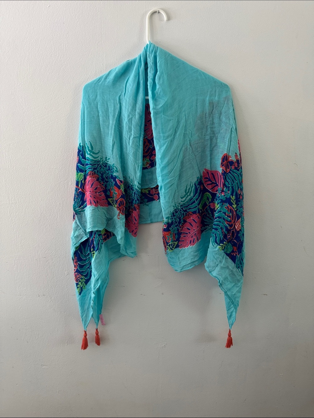 Lilly Pulitzer Turquoise Tropical Leaf Scarf with Pink & Green Accents